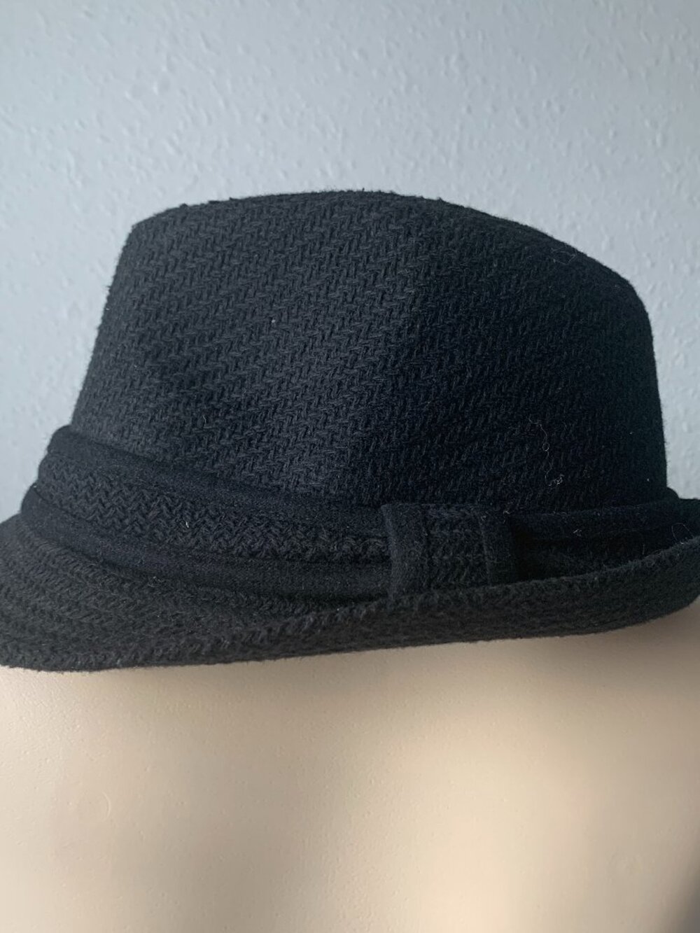 Mens Black Herringbone Short Brim Fedora Trilby Hat Tweed Textured Unisex